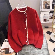 红色开衫外套女春装小个子韩版蕾丝边小香风时尚洋气针织上衣