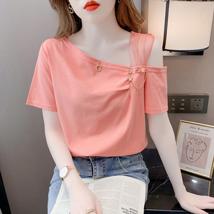韩版夏季露肩短袖，t恤女设计小众显瘦斜领宽松半袖体恤打底衫