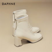 达芙妮短靴女秋冬季款白色弹力系带切尔西靴粗跟小个子高跟马丁靴