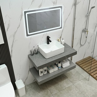 轻奢岩板台上陶瓷洗手盆，简约现代大理石浴室柜组合卫生间洗漱台