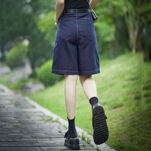 夏季薄款牛仔短裤女2024高腰设计感小众直筒五分裤女阔腿中裤