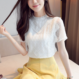 白色短款蕾丝打底衫女2023夏季韩版洋气小衫短袖雪纺衫女上衣