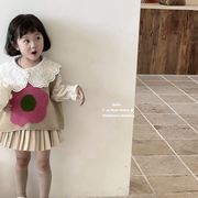 韩国女童镂空花边纯棉，衬衫花朵针织背心马甲奶茶，百褶半裙秋季套装