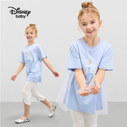 迪士尼女童网纱拼接中长款短袖T恤 儿童速干针织体恤衫2024夏装新