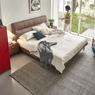 意式极简头层牛皮齐边床轻奢现代主卧室真皮，床1.8米双人软包婚床