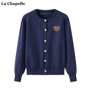 拉夏贝尔lachapelle秋季英伦风撞色刺绣徽章，针织开衫女毛衣