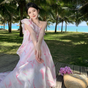 三亚沙滩裙雪纺仙女裙海边度假超仙斜肩连衣裙氛围感飘逸仙气长裙