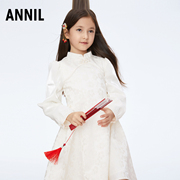 商场同款安奈儿女童装，长袖立领连衣裙，2024春季国风复古公主裙