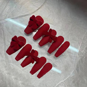 2022年红色系假指甲片穿戴美甲贴片成品24片新年红长梯款蝴蝶结成