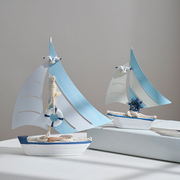 地中海帆船模型摆件木质做旧工艺船蓝白贝壳(白贝壳)船家居装饰品