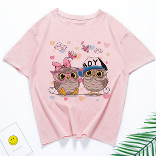 cuteowltshirt个性卡通，可爱猫头鹰印花休闲短袖圆领莫代尔t恤