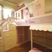 童趣hello-kitty实木儿童床，带楼梯柜衣柜单层高架，床树屋床可定制