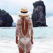 欧美沙滩罩衫度假性感镂空蕾丝花露背连衣裙比基尼罩衫