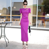 大牌高端精致紫色连衣裙夏季气质，女装高级感正式场合修身包臀裙子