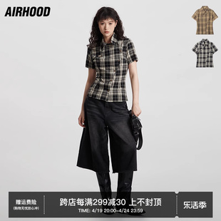 airhood新中式盘扣不规则复古设计短袖，衬衫格子修身短款上衣女夏