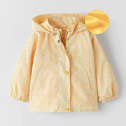 女童黄色摇粒绒厚外套儿童加绒连帽，拉链衫宝宝，秋冬装冲锋衣薄棉袄