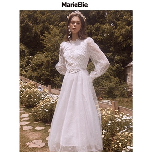 marieelie立领长袖，亮片网纱拼蕾丝连衣裙，长款白色