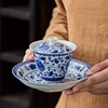 青花盖碗手工青花瓷釉中彩，陶瓷国色天香茶碗，带盖高端茶具泡茶套装