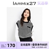 IAmMIX27春季圆领针织衫女长袖宽松百搭黑白格子马甲假两件上衣女