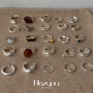 hazyou戒指合集小众设计925999银珍珠，开口闭口尾戒简约男女情侣