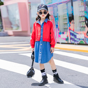 女童外套春秋中大童洋气，韩版中长款拼接牛仔外套时髦上衣