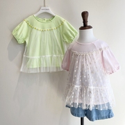 110-145韩系高端女童两色，刺绣网纱拼接短袖上衣