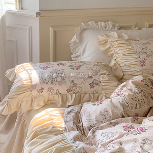 retro复古风蕾丝褶皱床上四件套，床裙款床单被套纯棉全棉法式床品