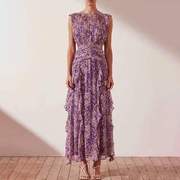 跨境外贸 2023夏季 气质印花无袖褶皱收腰雪纺紫色连衣裙长裙