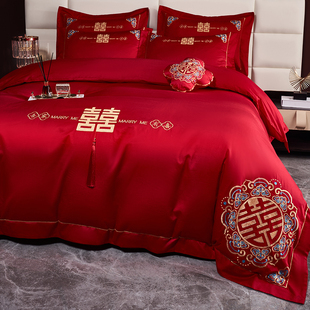 新中式大红色婚庆四件套，100s长绒棉被套纯棉，床单结婚喜被床上用品