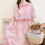 夏季温柔粉色蔷薇花少女短袖连衣裙蕾丝拼接收腰气质苎麻复古裙子
