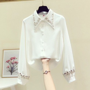 法式2024年春秋装复古刺绣白色雪纺衬衫女设计感小众洋气上衣