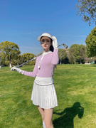 2023春季高尔夫粉，紫色毛衣针织衫，白色百褶短裙时尚运动套装