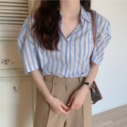韩国chic夏季甜美小清新奶软蓝条纹翻领宽松休闲泡泡袖衬衫