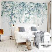 北欧清新文艺绿色叶子电视背景，墙纸水彩蓝色，风格壁纸卧室客厅壁画
