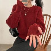 韩国chic设计感套手指长袖，圆领套头毛衣女(毛衣女，)显瘦百搭加厚保暖针织衫