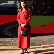2024秋冬凯特王妃英伦风双排扣显瘦过膝长款毛呢通勤大衣外套红色