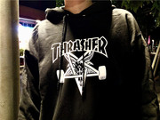超级折扣Thrasher 美版 火焰机车羊角赛车Logo加绒卫衣帽衫