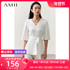 amii2023夏v领中袖配腰带，雪纺衫女修身显瘦设计感法式上衣