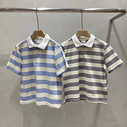 小鸡崽童装男童女童2021夏季海军风蓝色条纹V领POPL衫短袖T恤