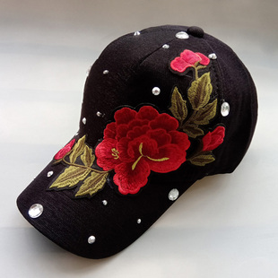 黑色鸭舌帽女显脸小水钻绣花朵，出游韩版带钻时尚遮阳玫瑰花棒球帽