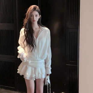 fairyjiang夏季白色衬衫，连衣裙收腰绑带蛋糕裙，短裙含吊带背心