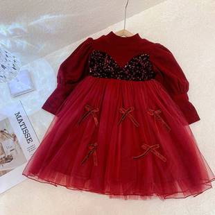 女童连衣裙秋冬季洋气宝宝加绒毛衣裙子时髦红色拜年服儿童公主裙