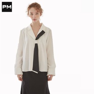 PixieMarket欧美风小众复古淑女黑白拼接不对称西服领领带衬衫女