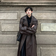 长款痞帅朋克皮衣复古棕色韩系风格穿搭外套男潮高级感机能风大衣
