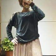 韩版女装原宿风字母印花金丝绒上衣女长袖T恤大码装B34-539