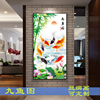 荷花九鱼图装饰画客厅餐厅，无框画竖版走廊，过道壁画玄关挂画单幅水