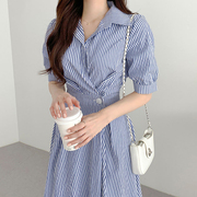 韩国chic夏时髦气质翻领收腰显瘦泡泡袖条纹衬衫式连衣裙6808