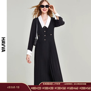 havva2024春季长袖连衣裙女黑色，衬衫裙子气质法式百褶裙q9498