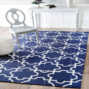 时尚地中海蓝白格子手工腈纶地毯现代客厅茶几卧室满铺样板间地毯