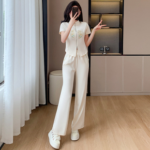 香港新中式国风开衫短袖运动套装女夏款高级感休闲运动裤子两件套